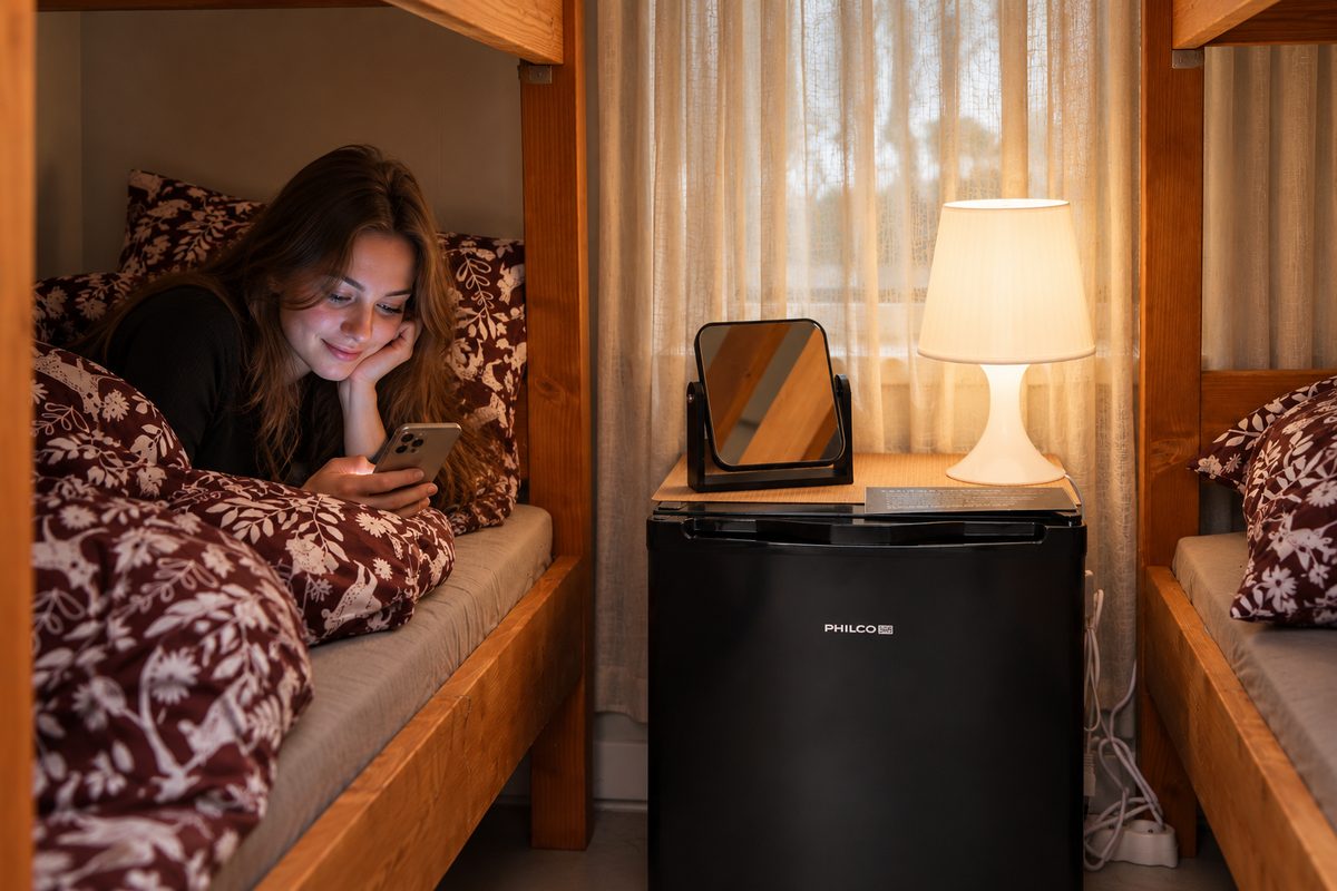 Interiér ComfyPods – dřevěná patrová postel, lampička, mini lednice